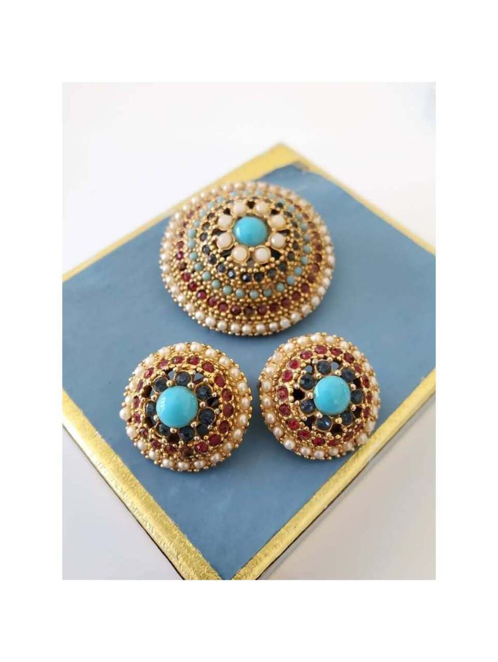 Vintage Art Designer Multicolor and Faux Pearl Dome Brooch & Clip On Earring Set - Picture 2 of 8